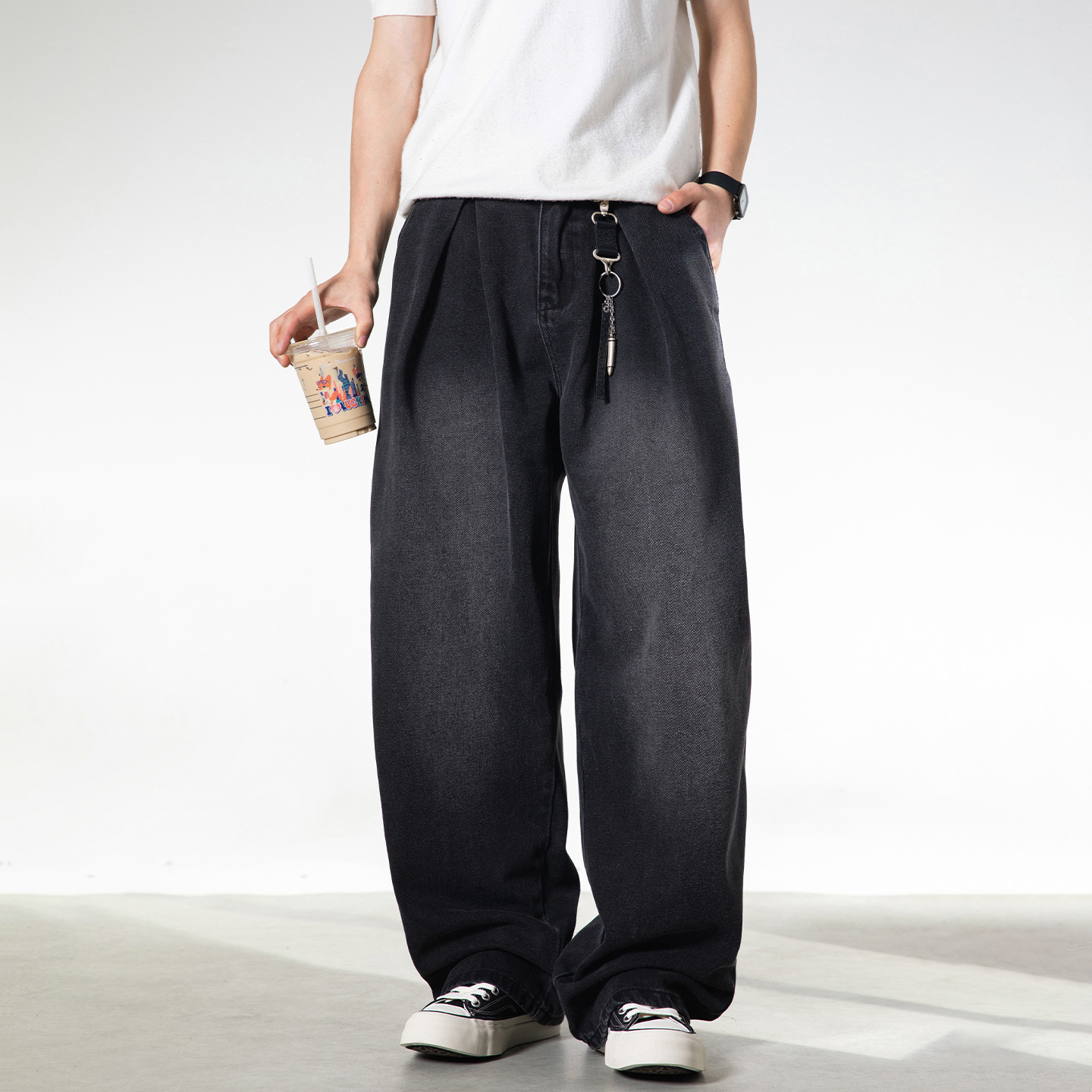 Retro Washed Oversized Jeans for Men Straight Leg Loose Fit Casual Trousers Split Pleats mid Waist Cotton Spring Style_voghion.com