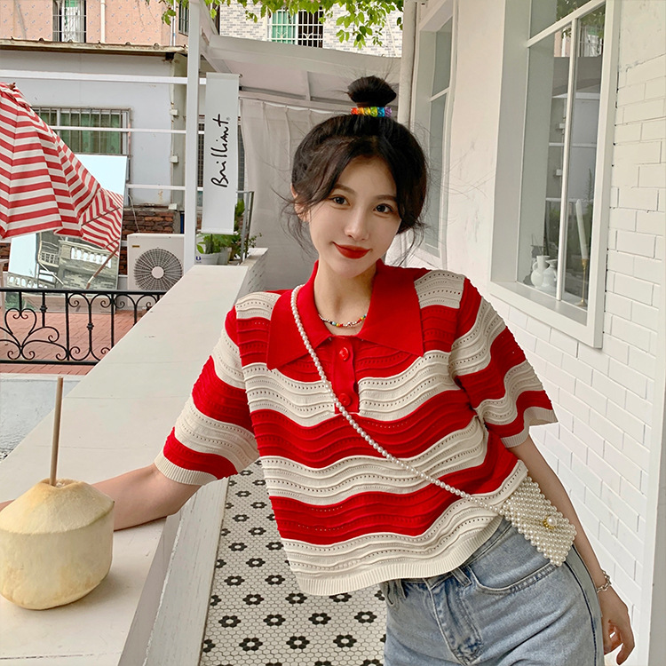 POLO Collar Contrast Wave Stripe Short Sleeve T-shirt Women's Summer Korean Design Sense Hollow out Sweet Style Short Top