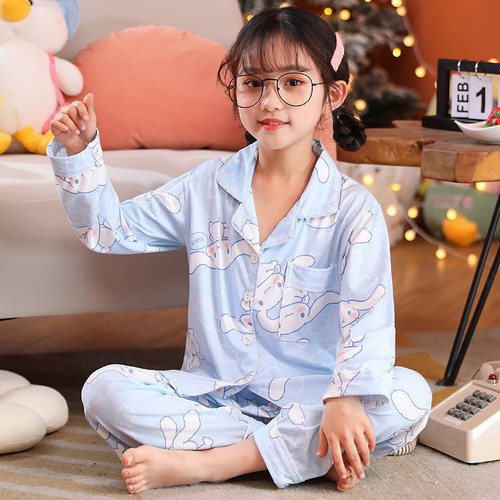 Spring and Autumn Children's Pajamas Girls Lapel Cardigan Cute Cartoon Sweet Loose Thin Home Clothes for Small, Medium and Large Children