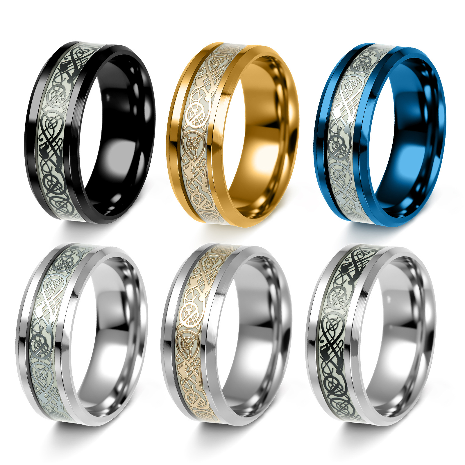 Transfronterizo europeo y americano popular joyería de acero de titanio al por mayor anillo de patrón de dragón luminoso fluorescente Nueva joyería se puede entregar en nombre de una sola pieza