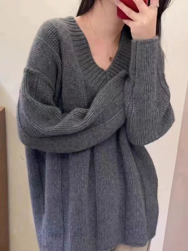 2025秋冬100羊毛女士套头V领针织打底衫宽松软糯气质休闲简约长袖|undefined