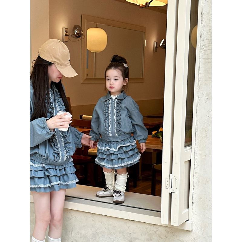 女童牛仔套装2025春款童装波浪花边长袖上衣外套牛仔蛋糕裙两件套|undefined