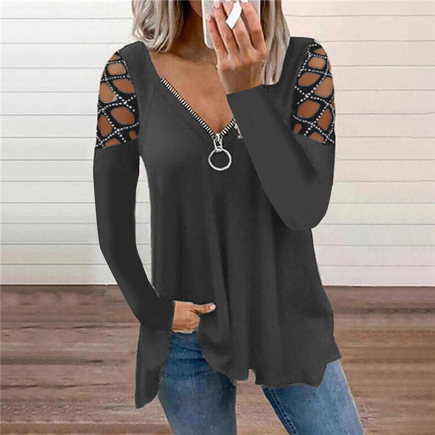 Solid Color V-Neck Hot Diamond Hollow Long-Sleeved Top NSYHY106853