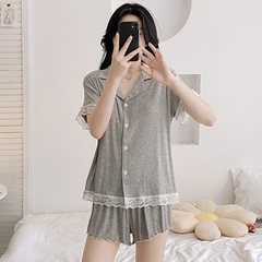 女性用夏パジャマ、無地レース半袖ショーツ、ラペルスーツ、クラウドコットン、胸パッド付きカーディガン、ホームウェア