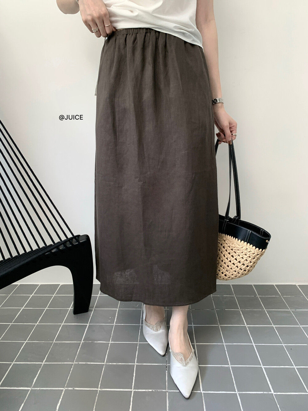 Chân váy linen cạp chun chữ A dáng dài nữ phong cách tối giản — màu đen, Xanh đen, Xanh nước biển, Màu cà phê chi tiết 2