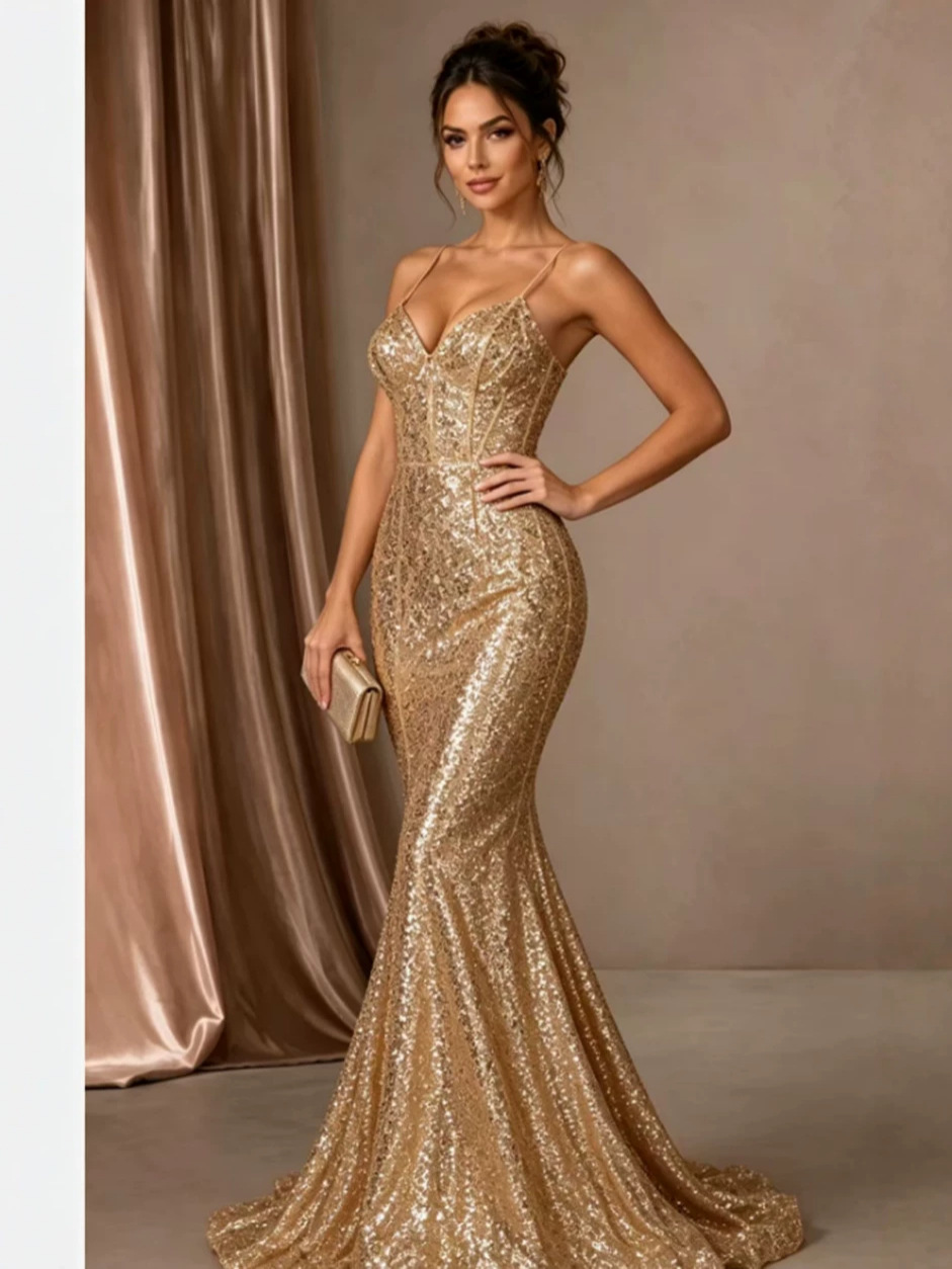 2026 Europäischer und amerikanischer grenzüberschreitender Außenhandel mit Pailletten, V-Ausschnitt, Fischschwanz-Abendkleid, ärmelloses, schmal geschnittenes Kleid mit kleinem Schwanz für Frauen