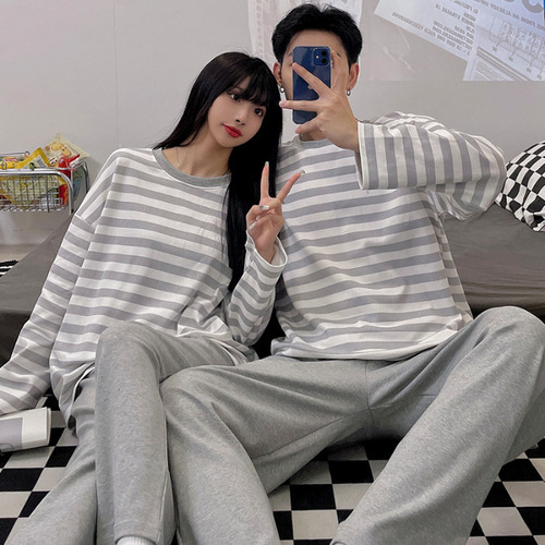 Spring and Autumn Couple's Cotton Long-Sleeve Pajamas, Wearable Outside for Men and Women, Cute Plus Size Women's Autumn and Winter Homecoming Clothes, Minimalist