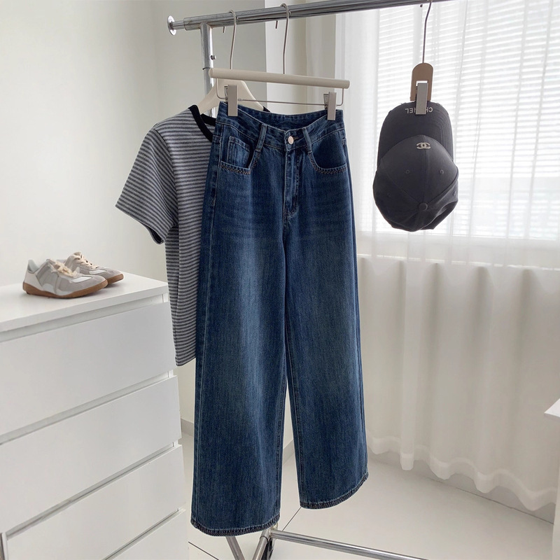 Vintage Pocket Embroidery Straight-Leg Jeans for Women, Slimming and Height-Enhancing, Narrow Wide-Leg, Dark Blue Floor-Length Pants for Fall 2025