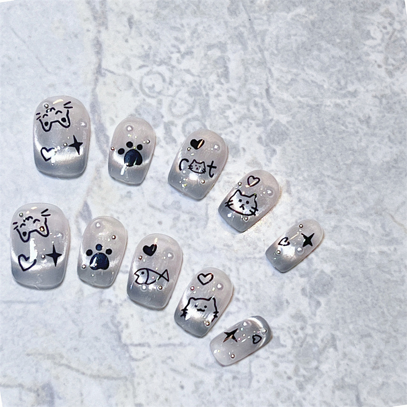 Hand-worn Armor Short Children's Fun Kitten Cat's Eye Armor Cute Sweet Cool Style White Cartoon Love Nail Nail Paste