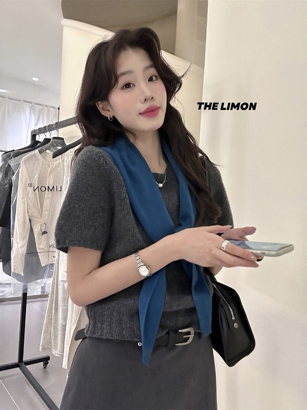 THE LIMON柠檬绿茶秋季简约温柔风软糯粗针圆领短袖毛衣针织衫女|undefined