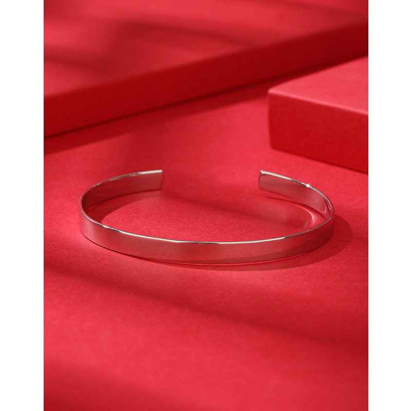 S925 plata esterlina brillante pulsera de plata de las mujeres abierto simple moda llano anillo nicho joven pulsera de plata para novia