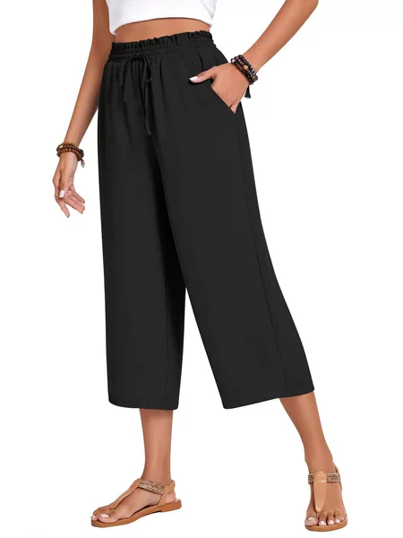 European and American Cross-Border New Style Women's Cropped Pants with Drawstring, Casual Wide-Leg Pants with Pockets, Loose High-Waisted Casual Pants, Quick-Dry