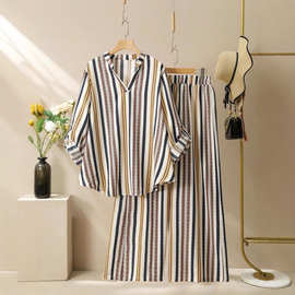 2025跨境欧美女装亚马逊独立站秋冬新款条纹V领套装图片色无