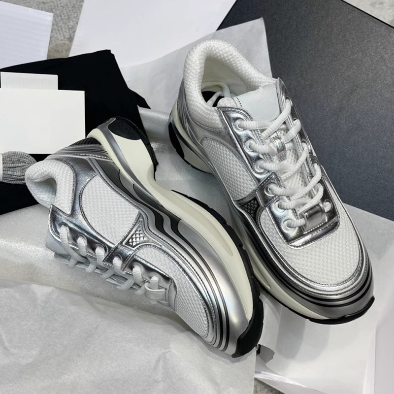 Chanel-Style Silver Platform Dad Shoes 25C Leather Mesh Patchwork Height-Increasing Breathable Casual Sneakers for Women