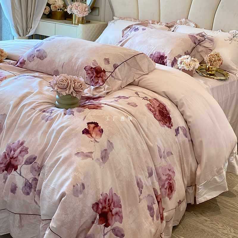 W9R法式100支长绒棉四件套浪漫复古玫瑰印花被套1.8米床上用品
