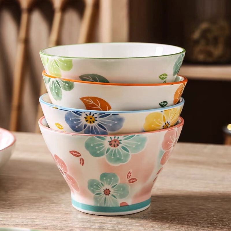 Japanese-Style Ceramic Rice Bowls for Spring, Summer, Autumn, and Winter Tableware, Household Conical Noodle Bowls, Bowl and Dish Set Combination with Underglaze Color L^