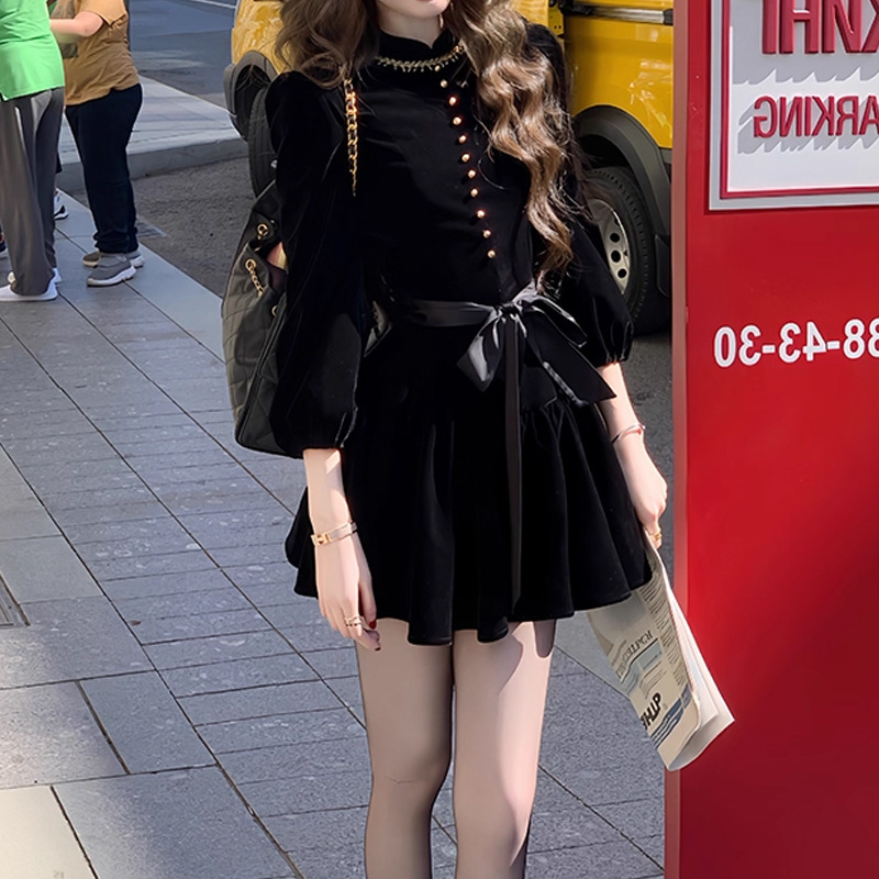 伯拉德千金 复古黑色丝绒连衣裙外套配裙裤女2025秋季新款A字裙潮|undefined