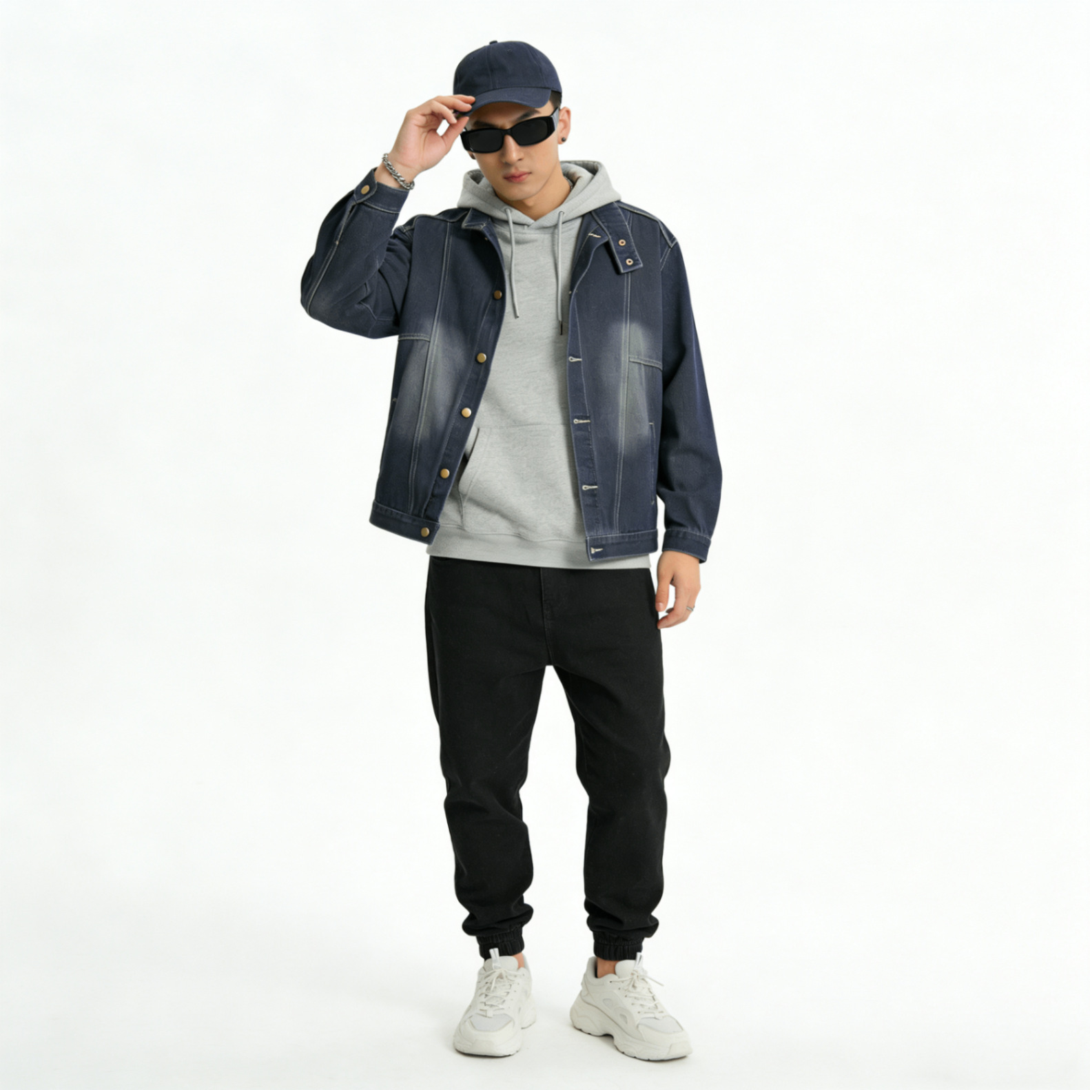 Retro-Jeansjacke im Used-Look mit Stehkragen, lässiger Streetwear-Stil für Damen und Herren_voghion.com