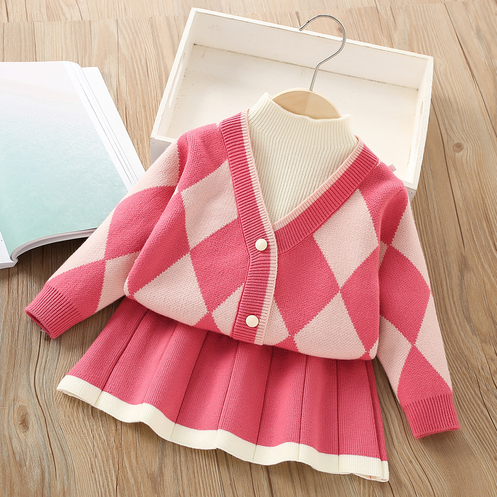Conjunto de punto para niñas dos piezas, cuello en V falso, manga larga – estilo coreano otoño-invierno.