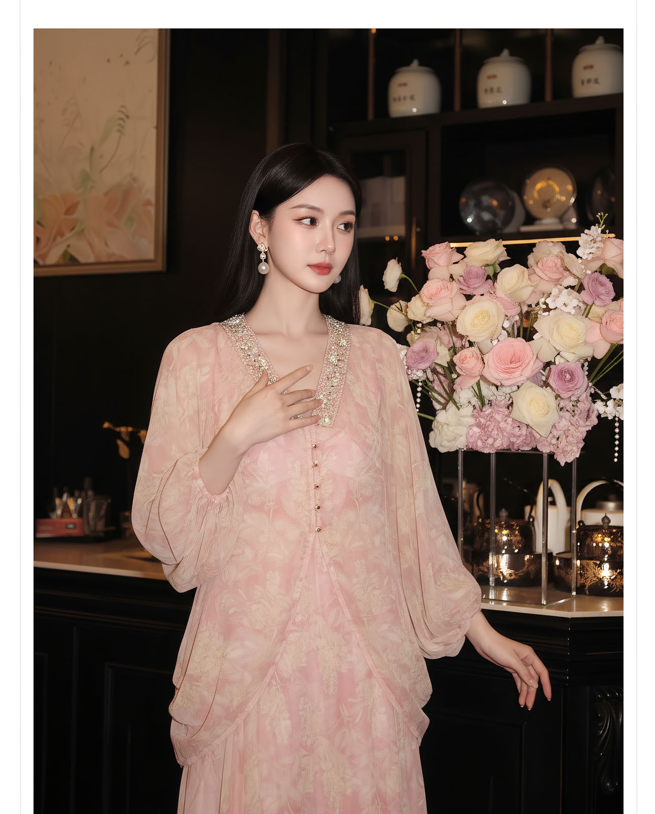Đầm maxi nữ cổ V in hoa chất voan dài thắt eo thiết kế mùa hè — màu hồng chi tiết 3