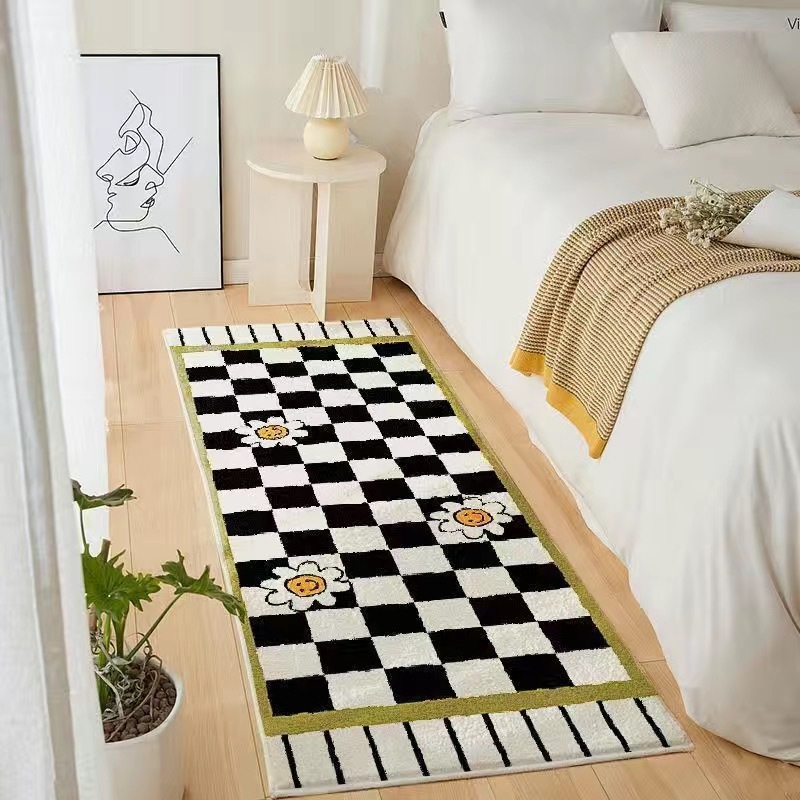 A cuadros blanco y negro de la Cachemira-como alfombra de lujo de la luz tablero de ajedrez avanzada rejilla casa mesita de noche alfombra de cama larga cola alfombra en stock