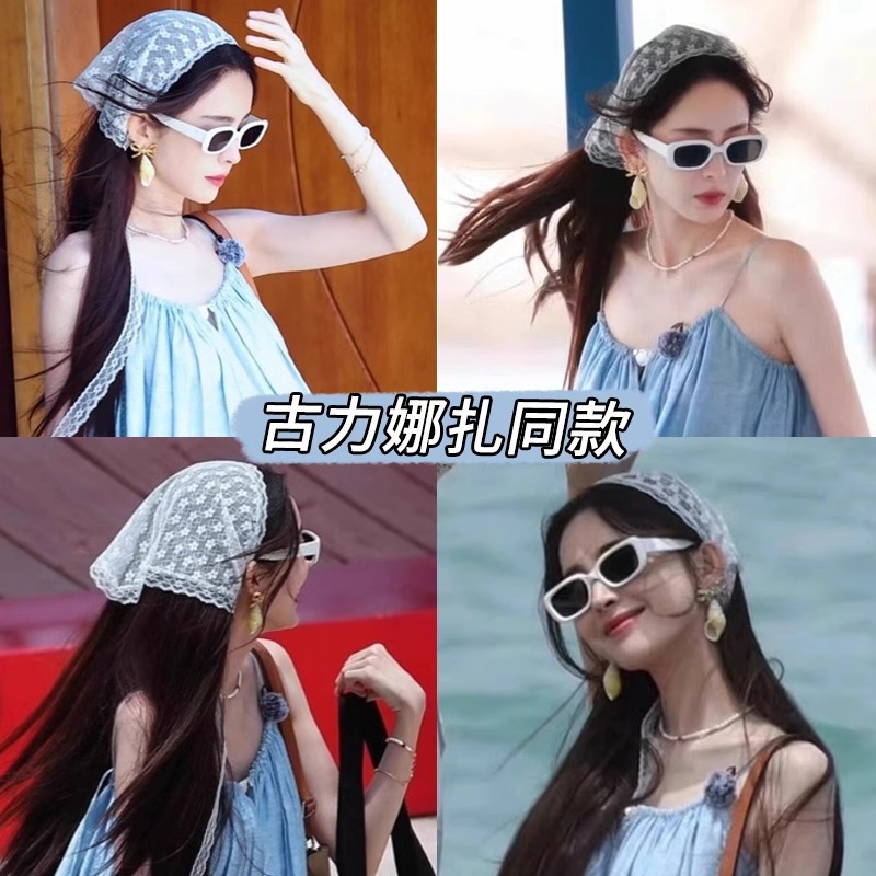 Naza con pañuelo de encaje para mujeres verano delgado toalla triangular blanca frente al mar bufandas de seda correa de cabello toallas cuadradas franceses