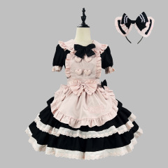 新しいクロスボーダー高貴な甘くてスパイシーな黒とピンクのメイド服スタイルロリータかわいい甘い女の子ソフトガールOP逃亡プリンセスドレス