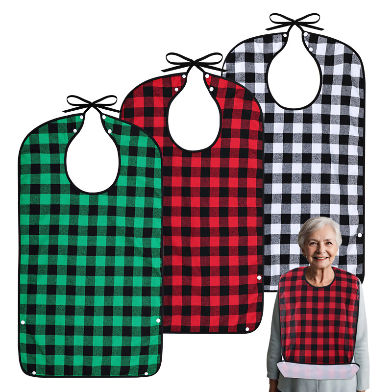 Amazon Cross-border Supply Pure Cotton Plaid Bib for the Elderly Waterproof, Oil-proof and Dirty-proof Adult Slip Wipe Rice Pocket
