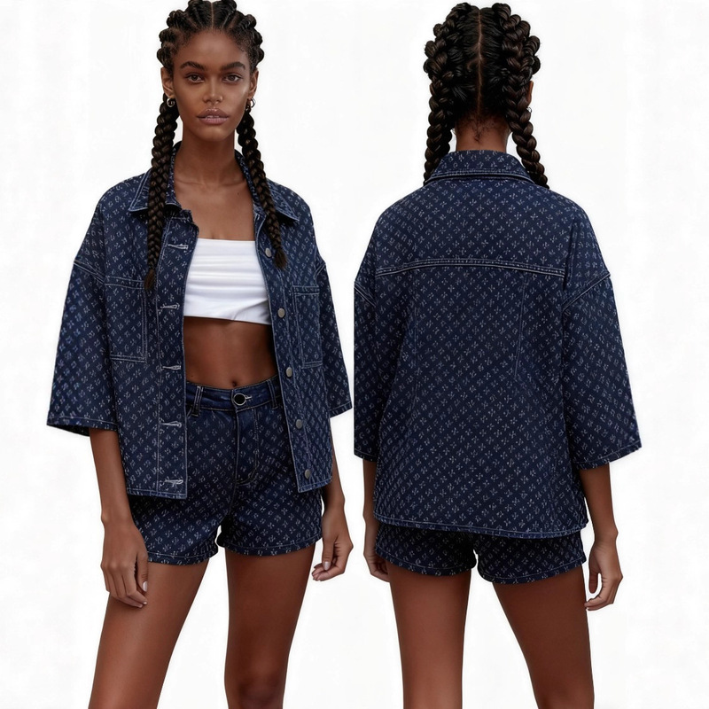 European and American Cross-Border New Set Hook Pattern Denim Shorts Women's Summer Jacket Loose Comfortable Versatile Jeans Women
