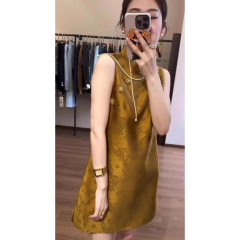 夏のユニークで美しいハイエンドの新しい中国風のゴールデンノースリーブジャカードチャイナドレス改良されたドレス