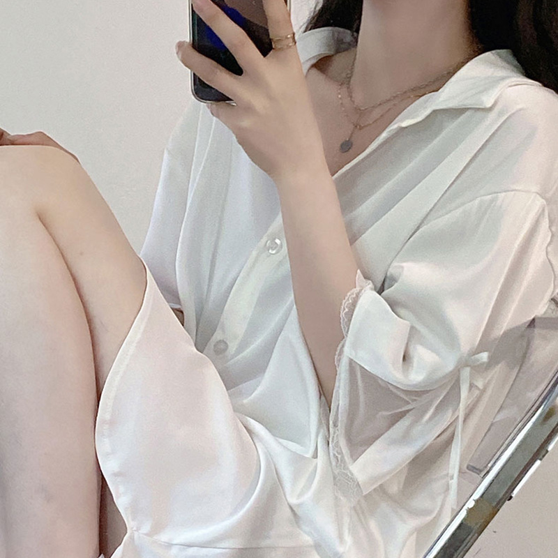Mid-Length Nightgown, Summer Pajamas, Feminine and Fashionable Shirt Collar, Ice Silk Lace Trim, White Shirt, Home Wear Mid-Length Nightgown, Summer Pajamas, Feminine and Fashionable Shirt Collar, Ice Silk Lace Trim, White Shirt, Home Wear