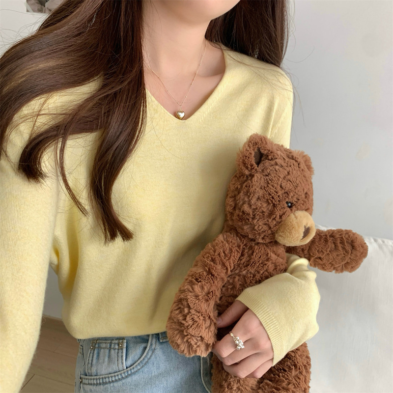 韩版基础款圆领卷边针织衫打底女早秋慵懒风毛衣长袖软糯内搭上衣|undefined
