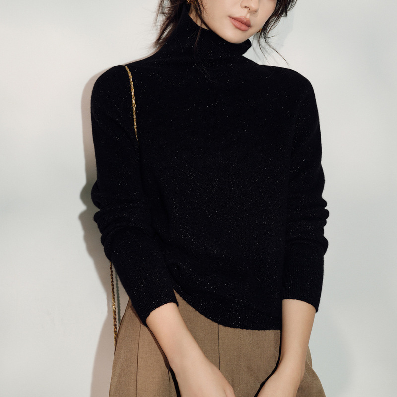 Black Slim Fit Fine Glitter Turtleneck Wool Knitted Bottoming Shirt Top for Women 2025 Autumn and Winter