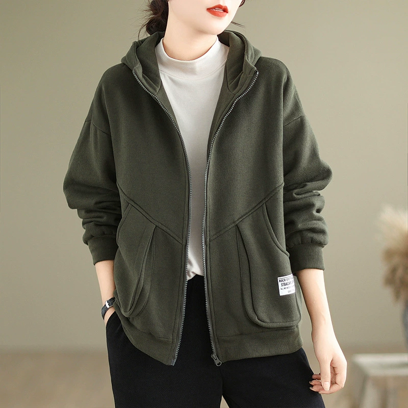 Winter warm retro hoody, colored patch, sweatshirt with zipper