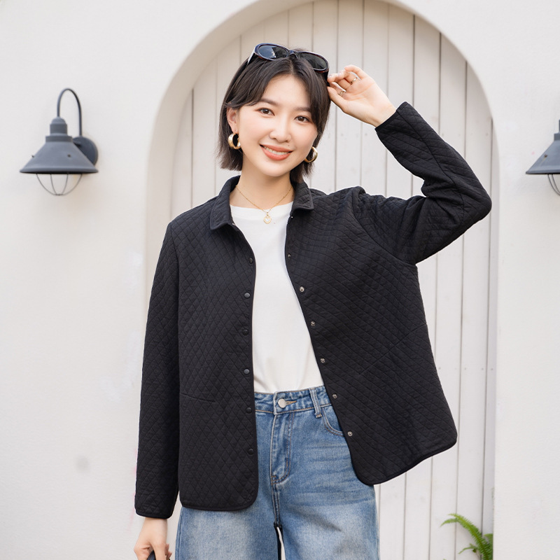 YUN韫2025新款秋冬菱形格衬衫领宽松休闲简约大码百搭开衫外套女|undefined