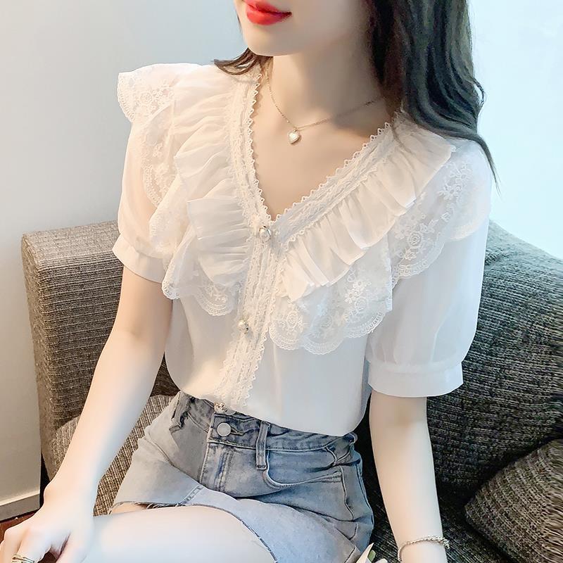 2023 여름 새로운 달콤한 우아한 레이스 프릴 V 넥 버블 여성용 반팔 화이트 쉬폰 셔츠 탑