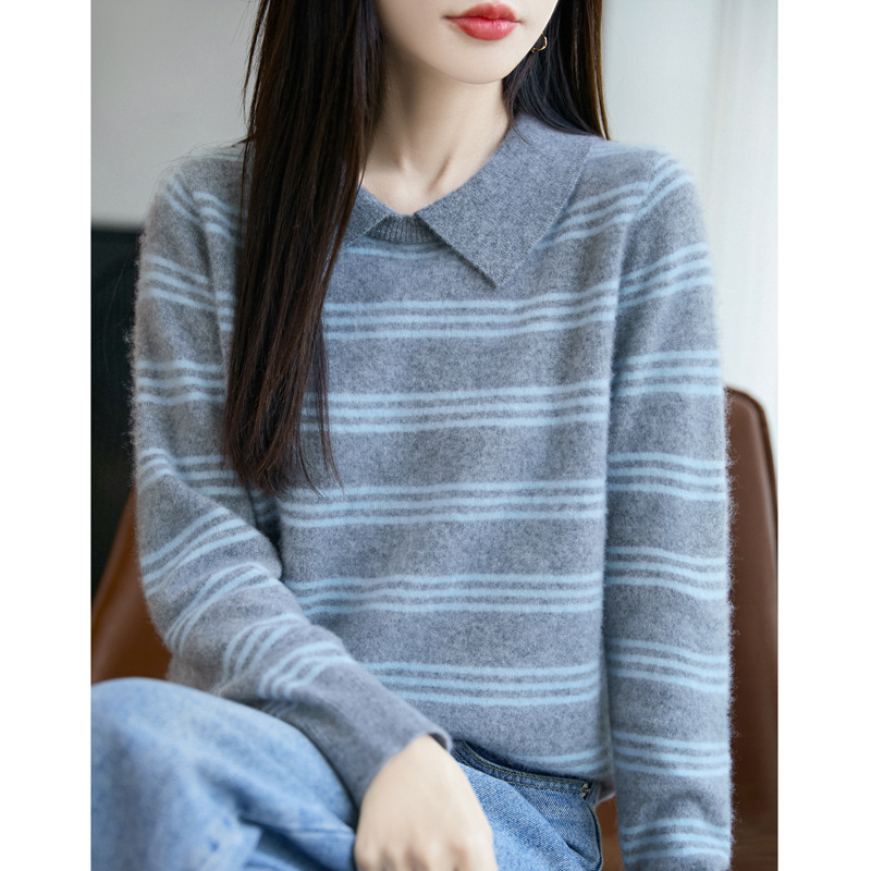 秋冬款100%纯羊毛衫女POLO领条纹拼色针织毛衣学院风宽松打底上衣|undefined