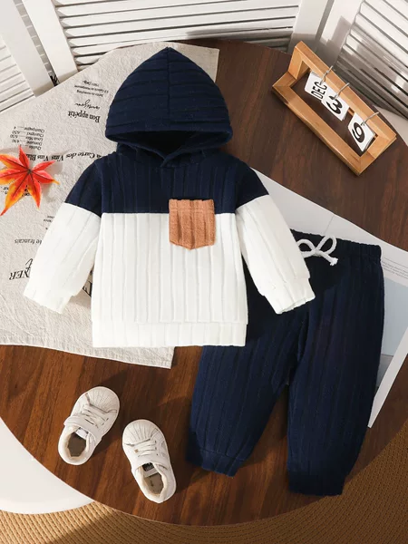 2026 New Cross-Border Autumn and Winter Baby Hooded Long-Sleeve Color-Block Ribbed Top + Bowknot Pants for Toddlers and Young Children