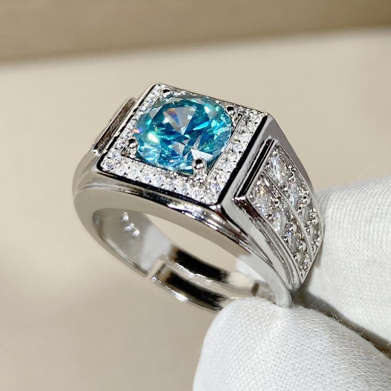 Fashion elegant blue green zircon full diamond men's ring Internet celebrity men's star hipster wedding opening adjustable ring