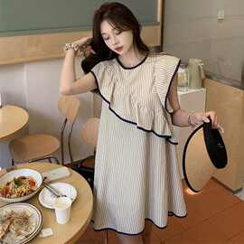 条纹小飞袖连衣裙女夏季2025新款韩系荷叶边不规则无袖娃娃衫裙子