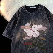 牡丹花卉美式复古潮牌短袖T恤男夏季重磅欧美水洗做旧五分袖潮男