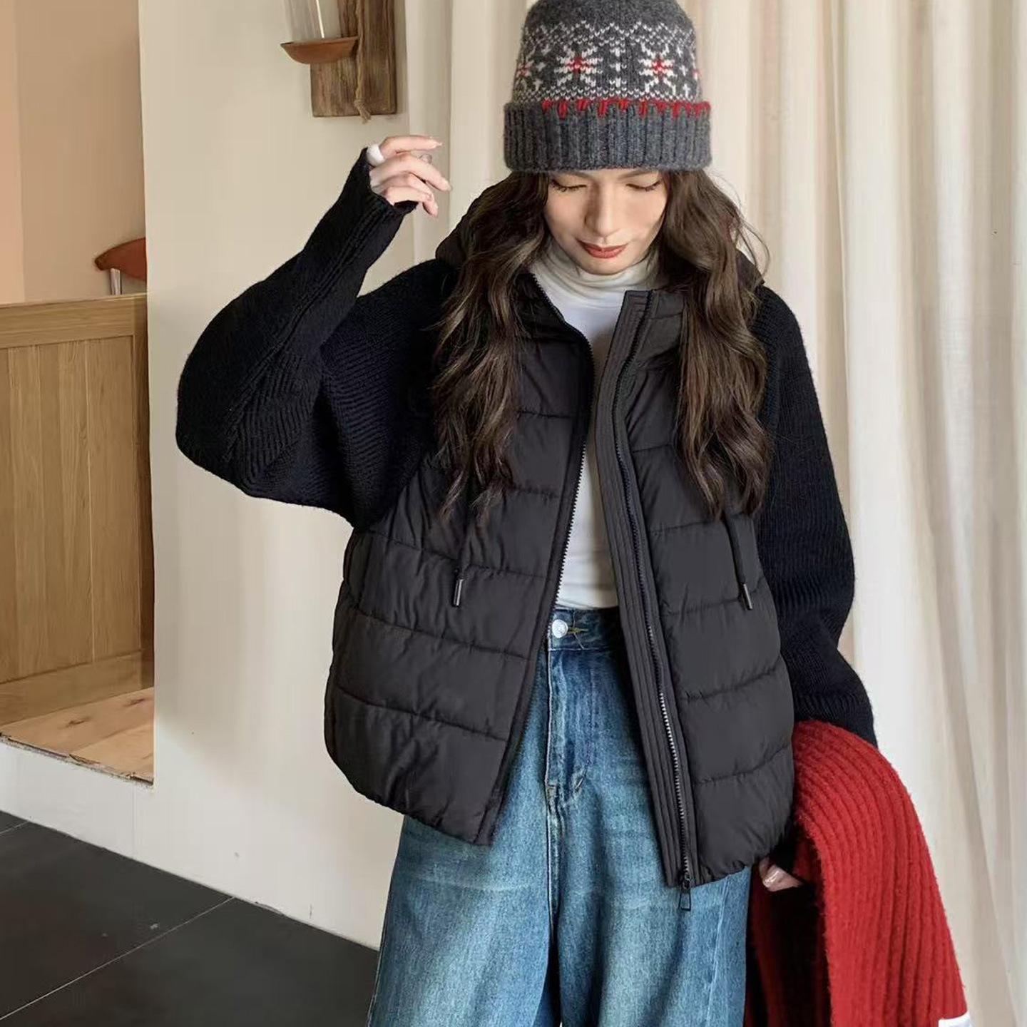 针织毛衣袖拼接棉服女2025冬季减龄设计感冬季加厚连帽外套小棉衣