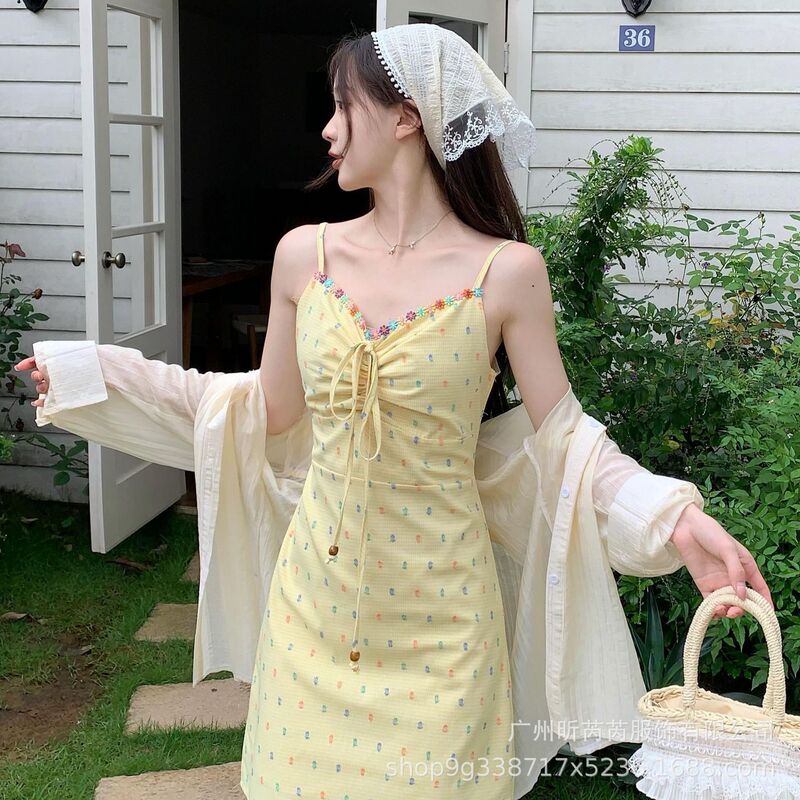 French 2025 Summer Large Size Suspender Floral Dress Seaside Resort Style Waist-Cinching Niche Long Skirt for Women