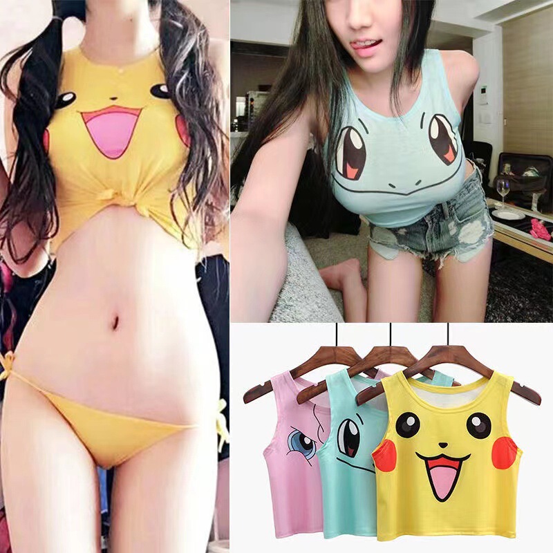Street Photographing Goddess Sexy Sleeveless T-shirt Women's Summer New Pikachu Printed Short Sports Navel Small Vest