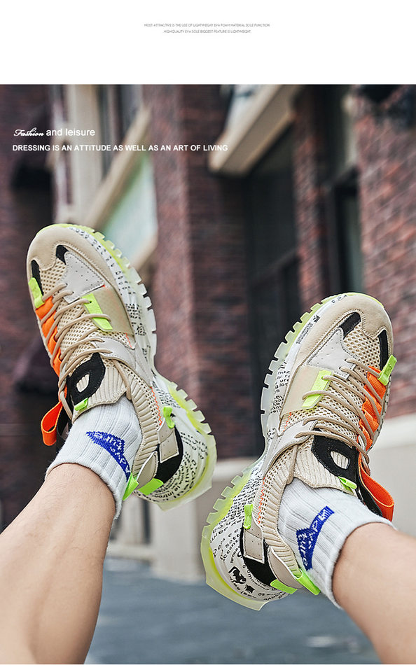 Giày sneaker nam cổ thấp đế dày tăng chiều cao, thân lưới thoáng khí, buộc dây, phong cách thường ngày — Màu be, Màu trắng, Màu đen chi tiết 16