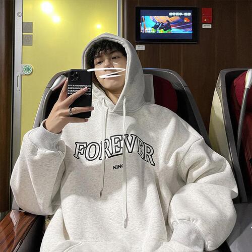 Korean-style trendy hooded sweatshirt with fleece lining, extra-thick design—men's loose-fit streetwear pullover for autumn, perfect as a student jacket or everyday top.