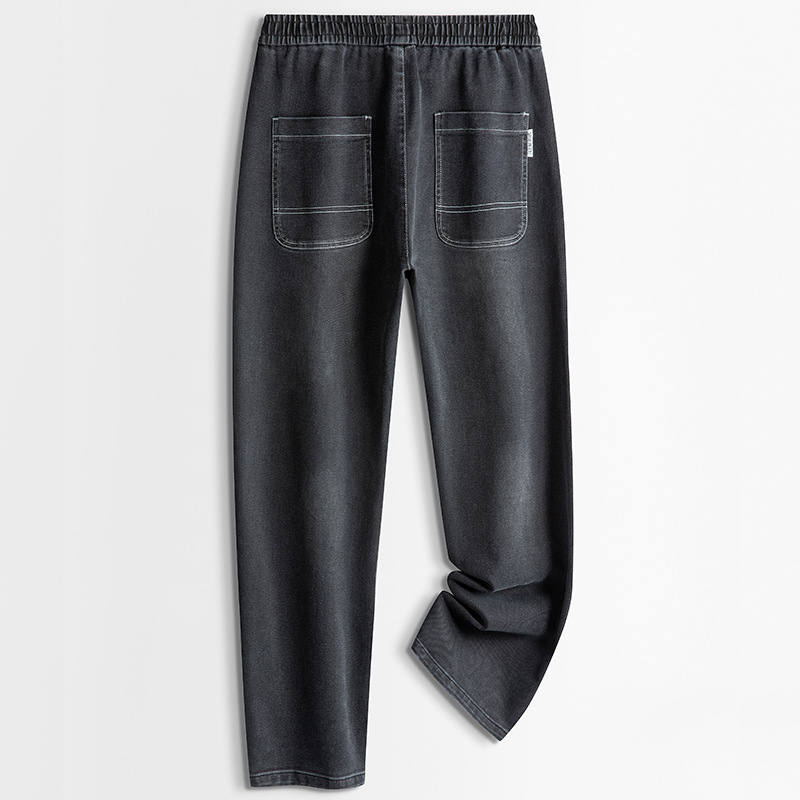 Drawstring elastic waist jeans men's 2024 summer new simple Korean style pants solid color straight pants men's trousers