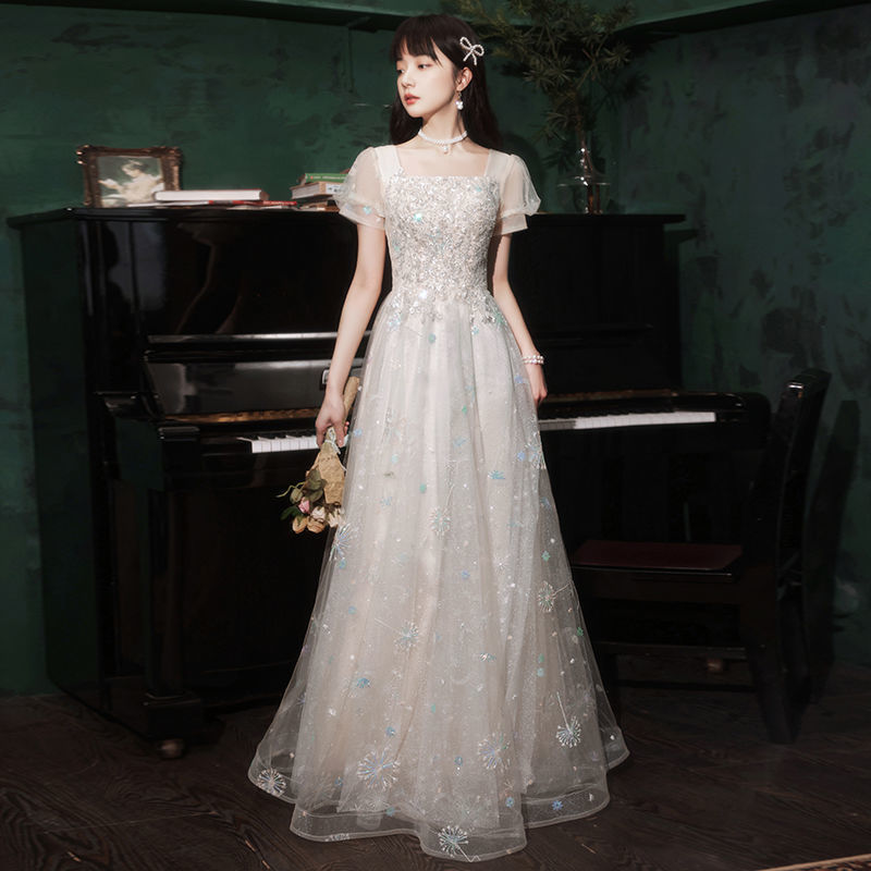 Student Graduation Evening Dress 2026 New Short-Sleeved Long Sequin Dress for Women Simple Vocal Art Exam Evening Dress