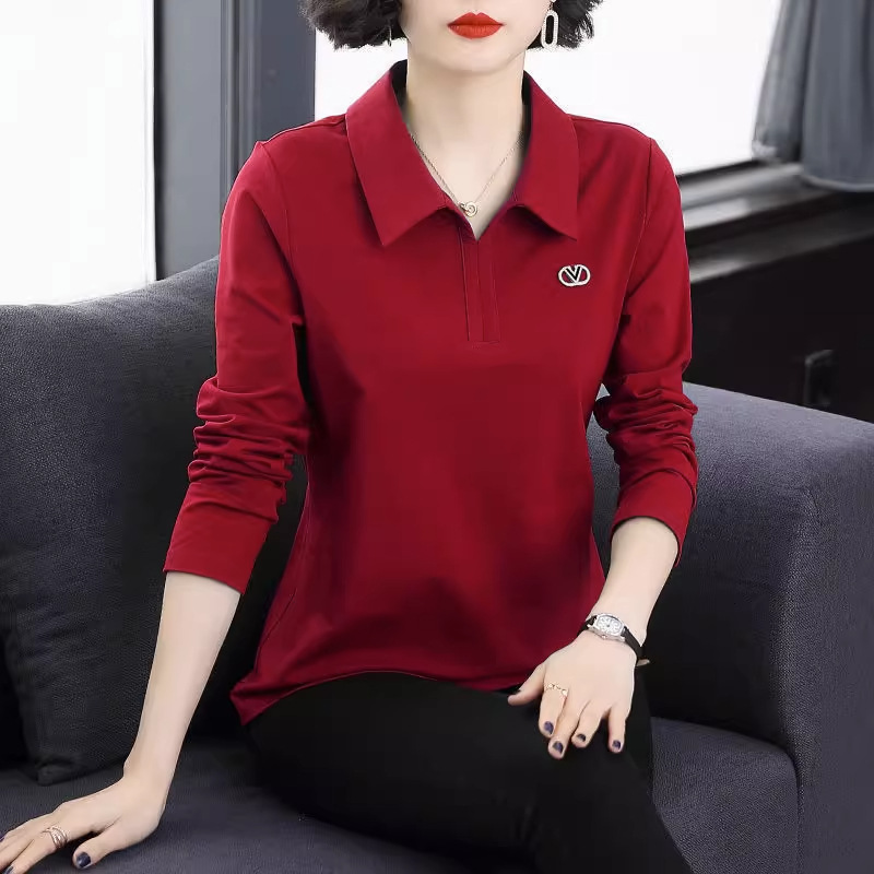 엄선된 여성용 단색 티셔츠, 여성용 긴팔 티셔츠, 루즈핏 봄/가을 상의, 여성용 가을/겨울 아우터 폴로 칼라