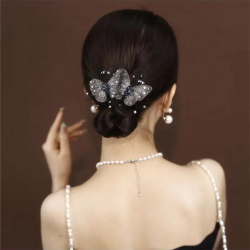 Butterfly Hairpin hair zinc alloy fabric double butterfly spring clip high-end hair white gauze diamond elegant hair